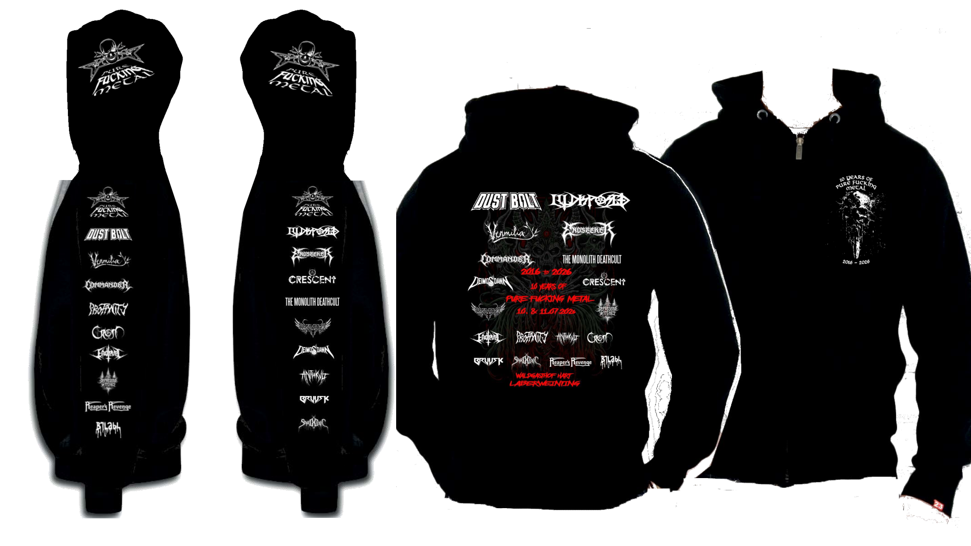 Black zip-up hoodie with red and white festival design featuring band logos and a hooded figure on the back, a pentagram logo on the front chest, and band logos on both sleeves.