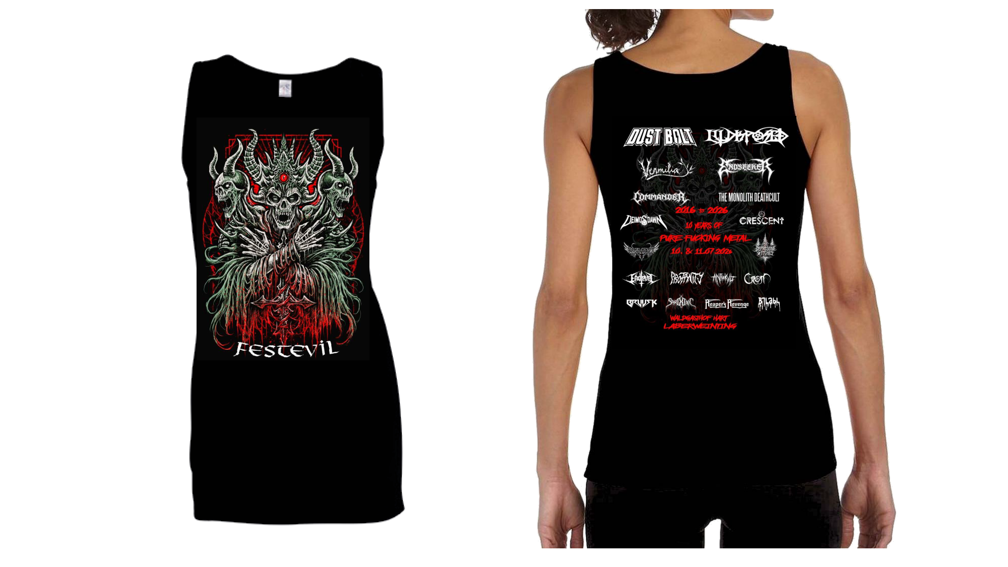 Black zip-up hoodie with red and white festival design featuring band logos and a hooded figure on the back, a pentagram logo on the front chest, and band logos on both sleeves.