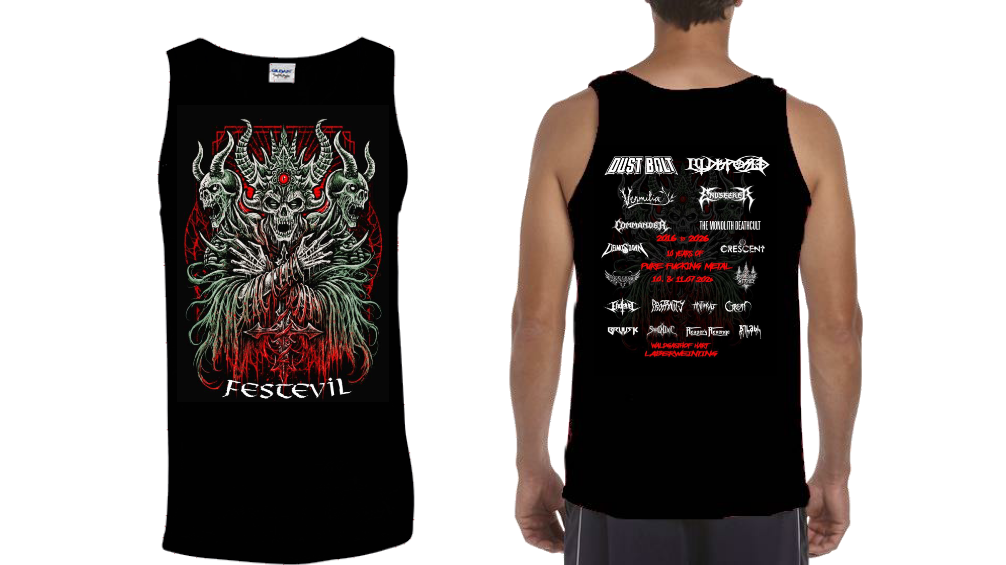 Black zip-up hoodie with red and white festival design featuring band logos and a hooded figure on the back, a pentagram logo on the front chest, and band logos on both sleeves.