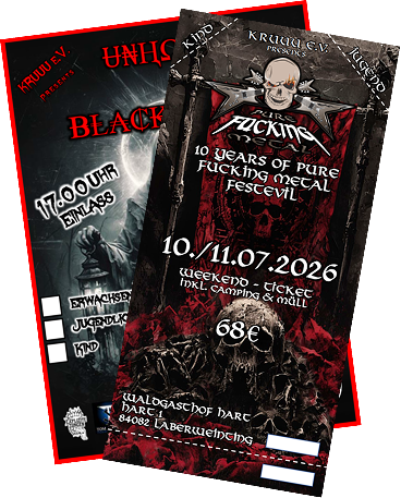 Two overlapping metal music festival tickets with dark, intense designs featuring skulls, band logos, and event details for a July 2026 festival.