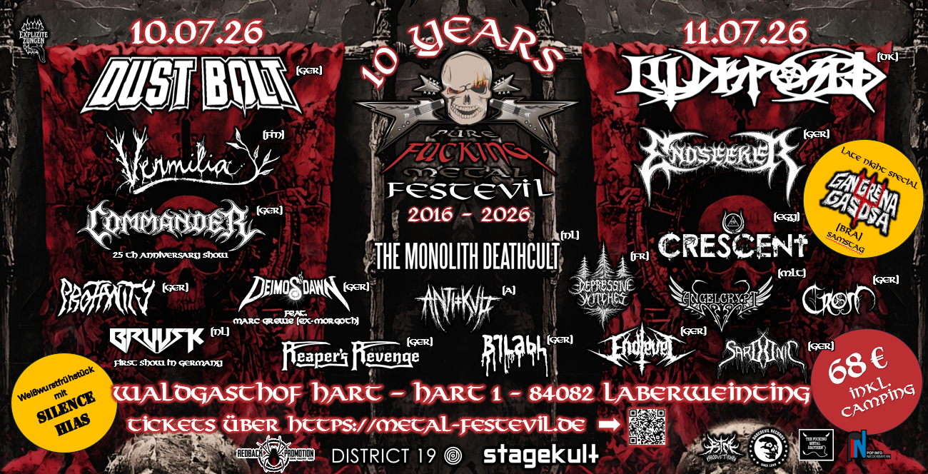 Metal Fest Evil 10-year anniversary poster featuring band names Dust Bolt, Vermilia, Commander, Eldthraz, and others; event dates 10.07.26 and 11.07.26; ticket info and location Waldgashof Hart, Laberweinting.