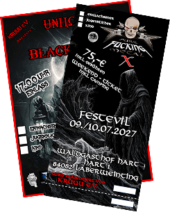 Two overlapping metal music festival tickets with dark, intense designs featuring skulls, band logos, and event details for a July 2026 festival.