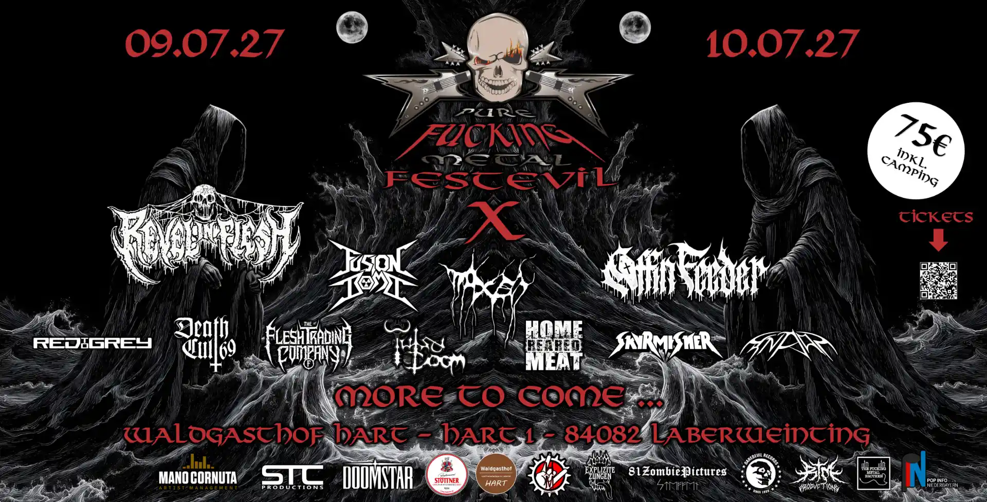 Metal Fest Evil 10-year anniversary poster featuring band names Dust Bolt, Vermilia, Commander, Eldthraz, and others; event dates 10.07.26 and 11.07.26; ticket info and location Waldgashof Hart, Laberweinting.