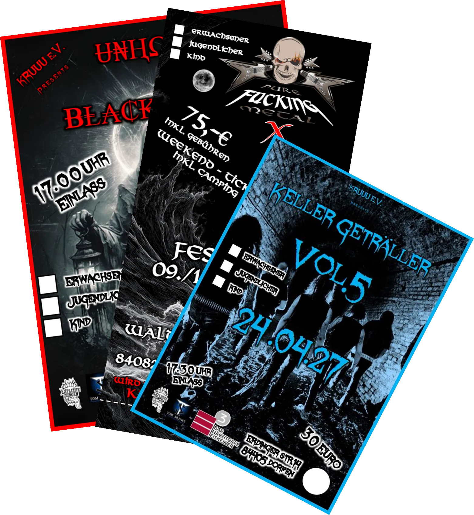 Two overlapping metal music festival tickets with dark, intense designs featuring skulls, band logos, and event details for a July 2026 festival.
