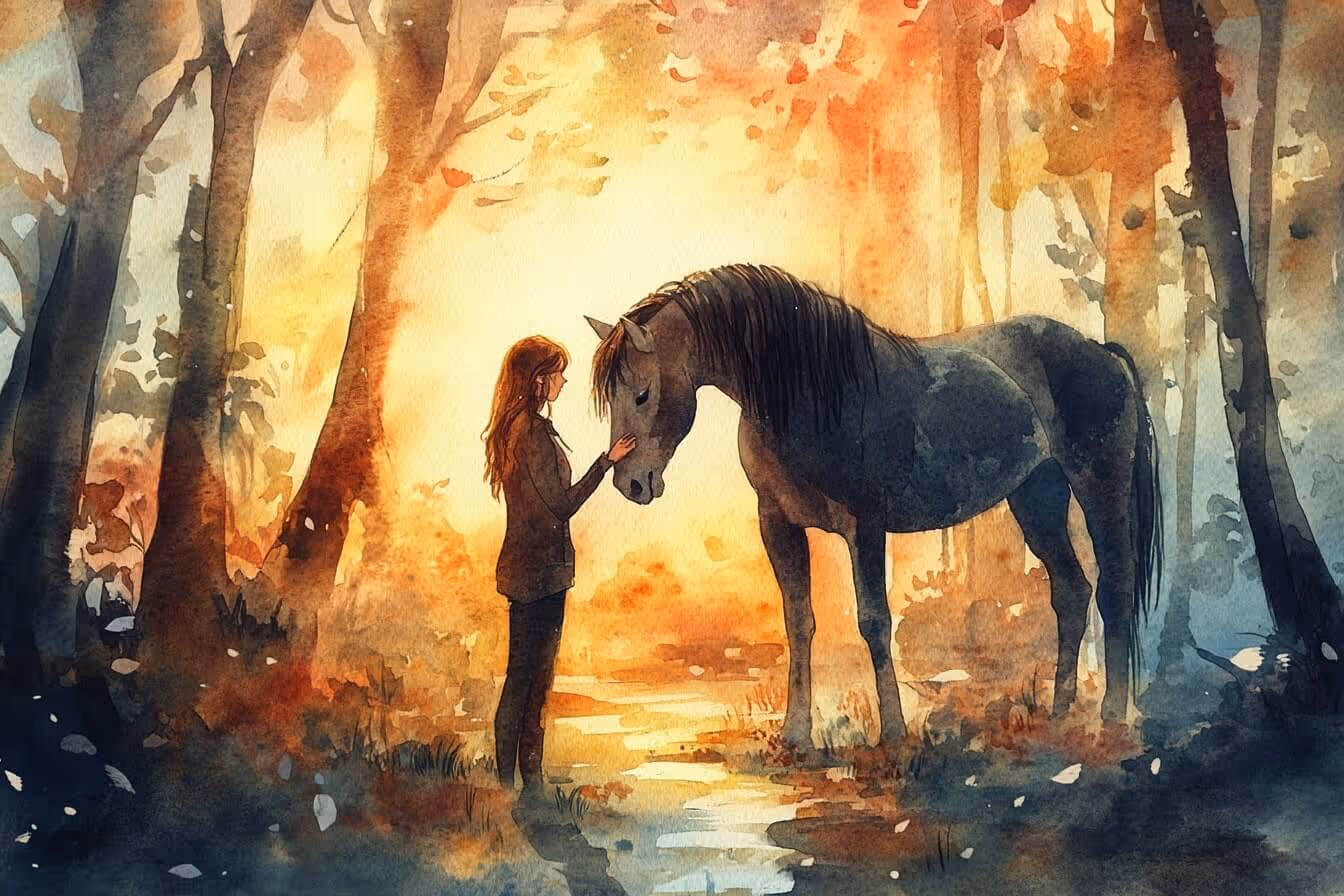 Ilustrace mladé ženy v lese s divokým koněm, symbol hlubokého propojení s bytostí koně