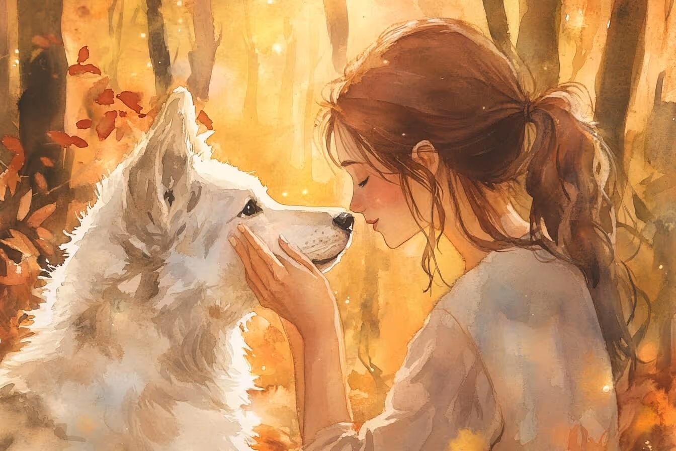 Ilustrace mladé dívky a bílého psa v blízkém spojení, symbol hlubokého propojení a vztahu se zvířetem