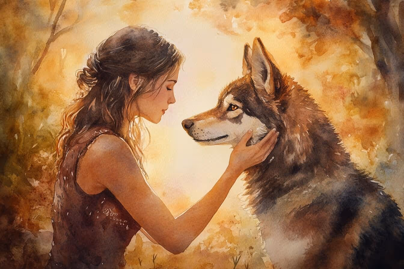 Ilustrace mladé dívky se psem, symbol hlubokého propojení i vztahu se psem