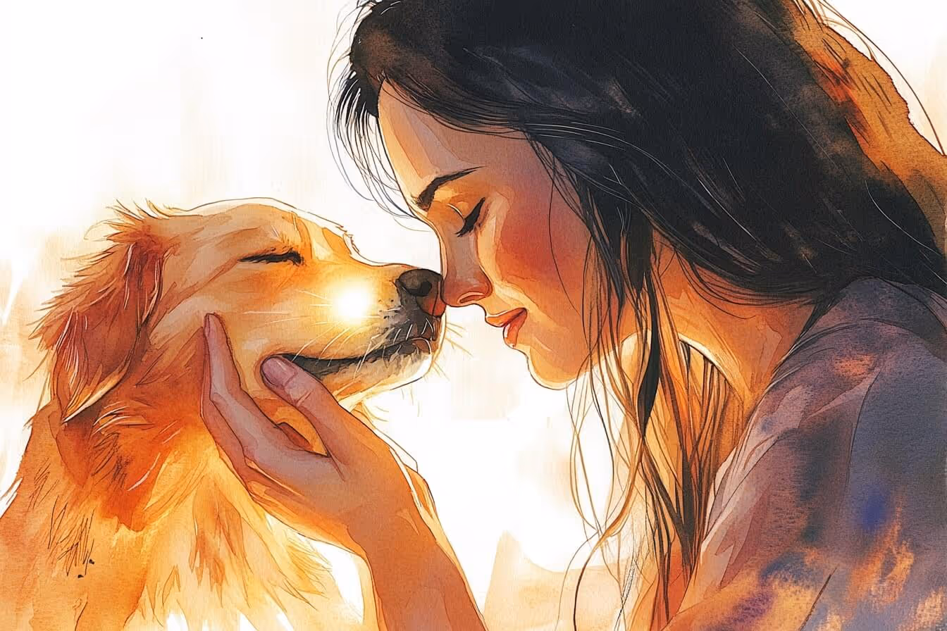 Ilustrace mladé ženy v intuitivní komunikaci se svým psem – akvarelový motiv propojení člověka a zvířete