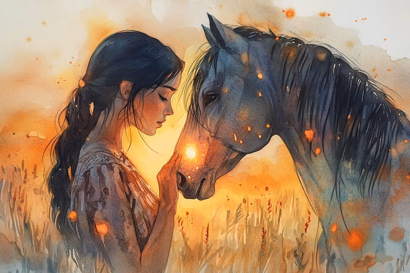 Ilustrace mladé ženy v tichém propojení s koněm – symbol důvěry a intuitivní komunikace mezi člověkem a zvířetem