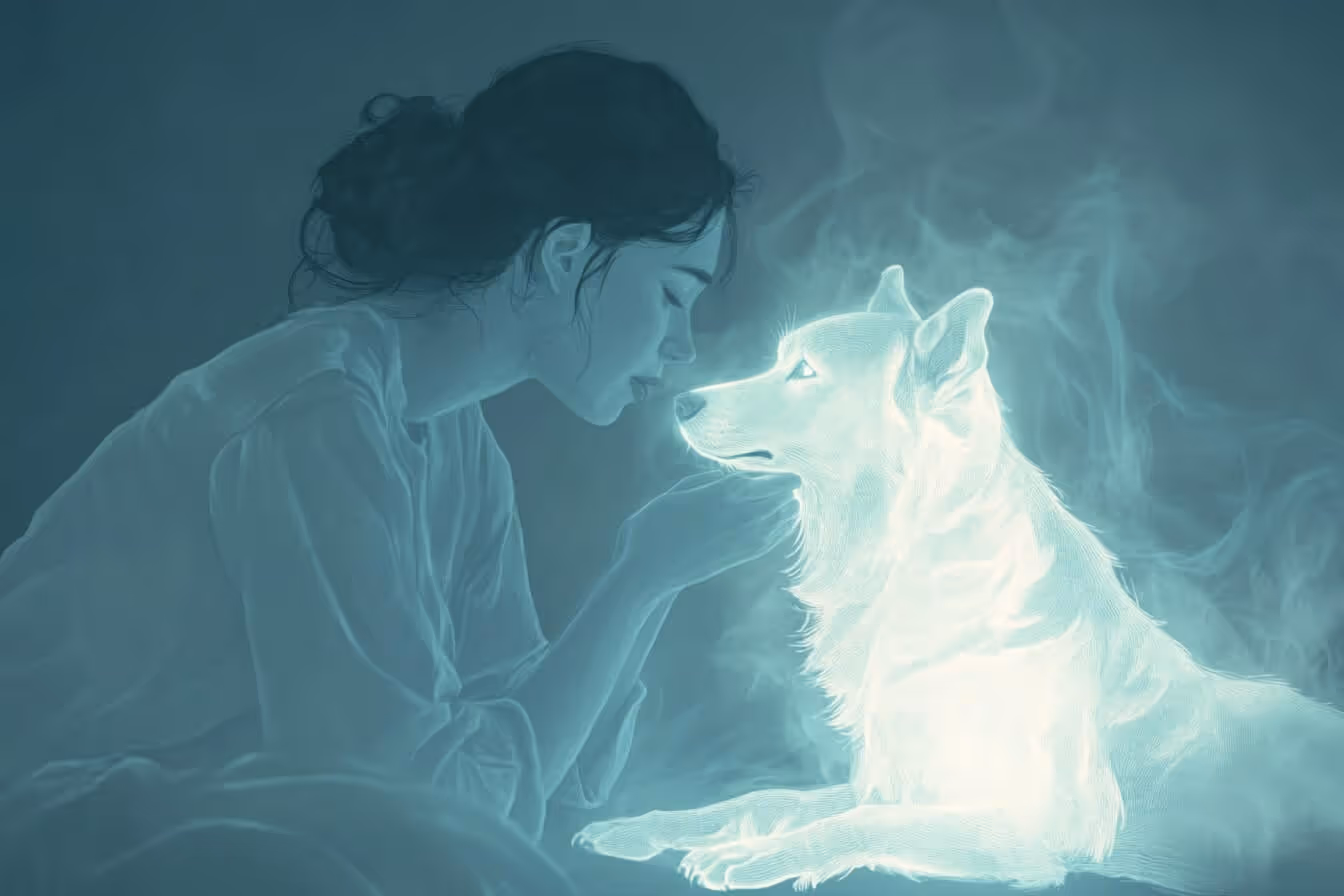 Ilustrace mladé dívky truchlící nad ztrátou svého pejska