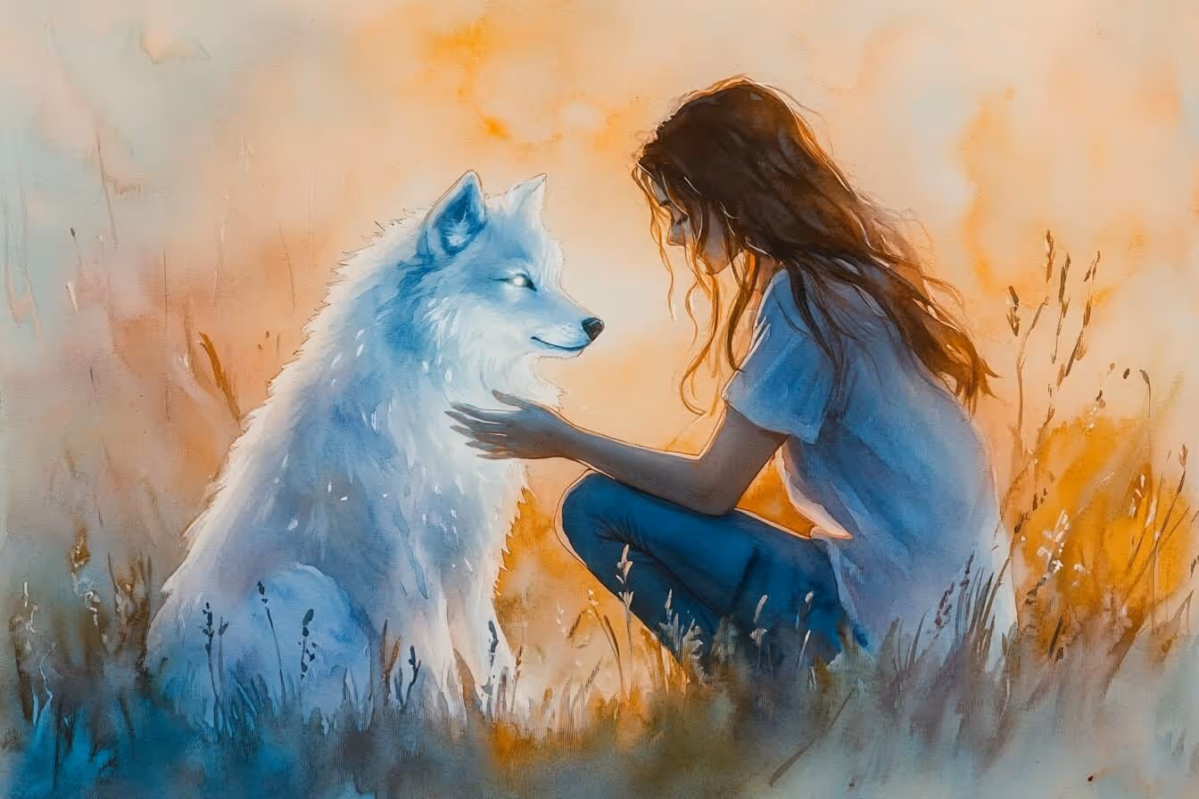 Dívka se dívá do očí bílému psovi – symbol intuitivního spojení a neverbální komunikace mezi člověkem a zvířetem