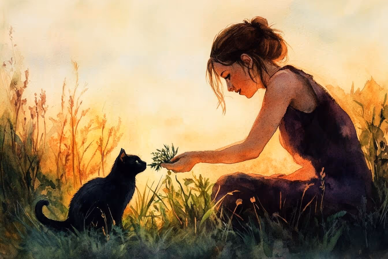 Mladá žena nabízí čerstvé bylinky kočce, která k nim přivoní – intuitivní výběr a přírodní léčba zvířat metodou zoofarmakognozie.