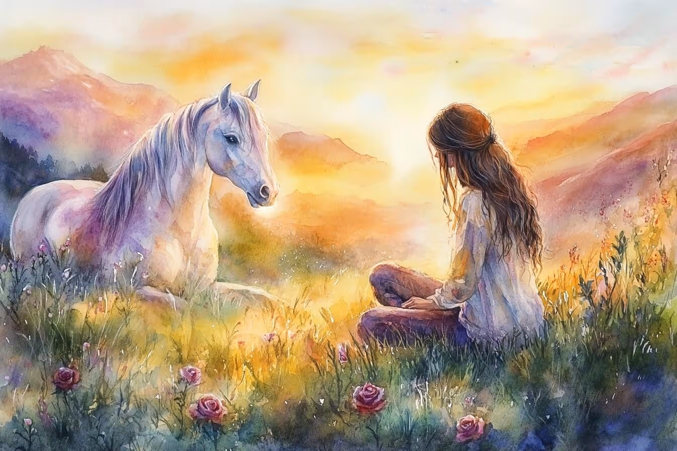 Žena sedící v trávě na louce naproti koni – jemné intuitivní spojení mezi člověkem a zvířetem přesahující prostor a čas, symbolizující vědomí duše a reinkarnaci zvířat.