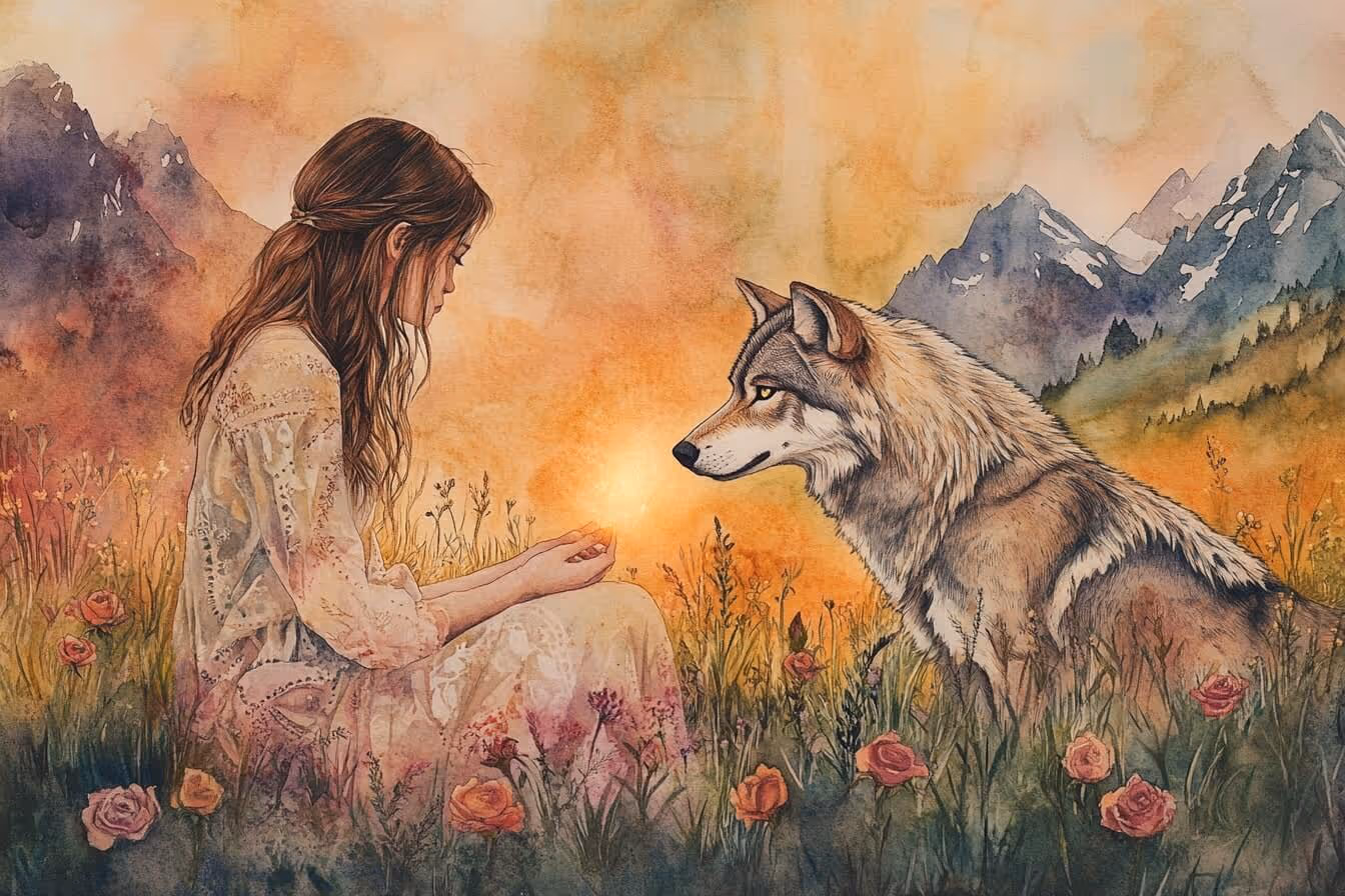 Ilustrace mladé ženy na rozkvetlé louce vedle divokého vlka – symbol věčného propojení mezi člověkem a zvířecí duší, které trvá i po smrti.