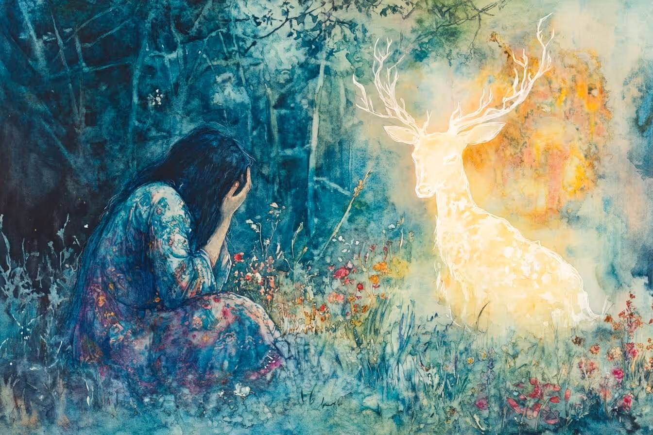 Ilustrace truchlící ženy v krajině, vedle níž září duch jelena – symbol propojení se ztrátou, přítomnosti duše a posvátnosti truchlení v přírodním rytmu.