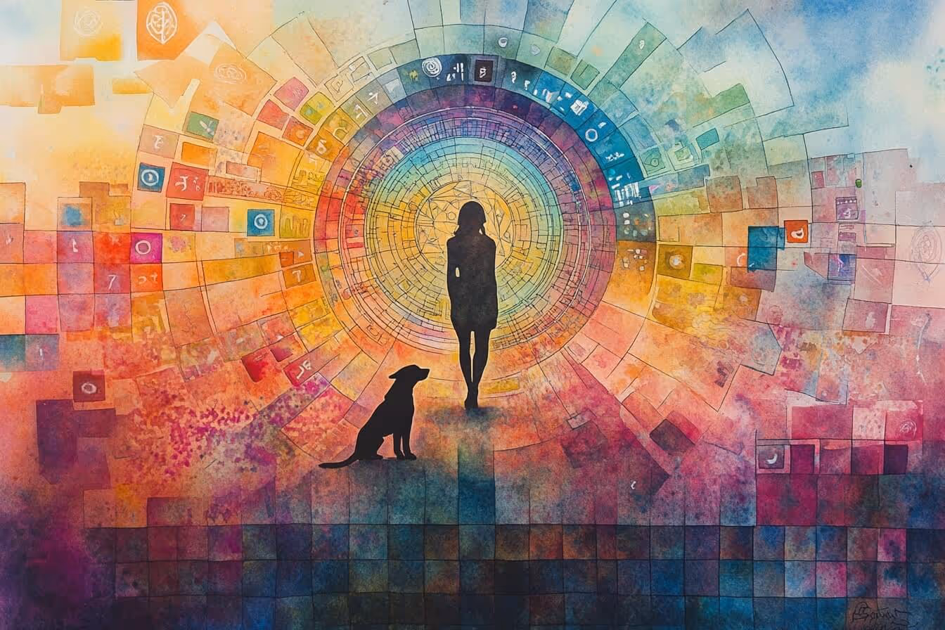 Silueta ženy a psa kráčejících k zářícímu kruhu s barevným geometrickým vzorem, symbolizujícím propojení vědomí, energií a vesmíru – metafora vnitřní cesty a spojení mezi člověkem, zvířetem a systémem Human Design.