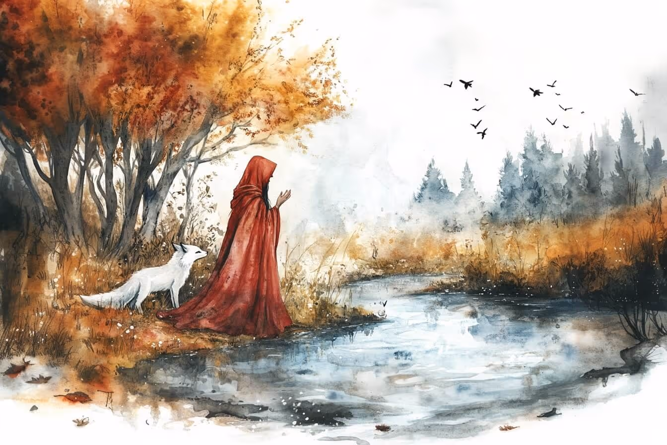 Ilustrace druidky u vody s malou liškou – symbol spojení člověka s přírodou, vnímání posvátnosti vody a tichého dialogu mezi bytostmi.