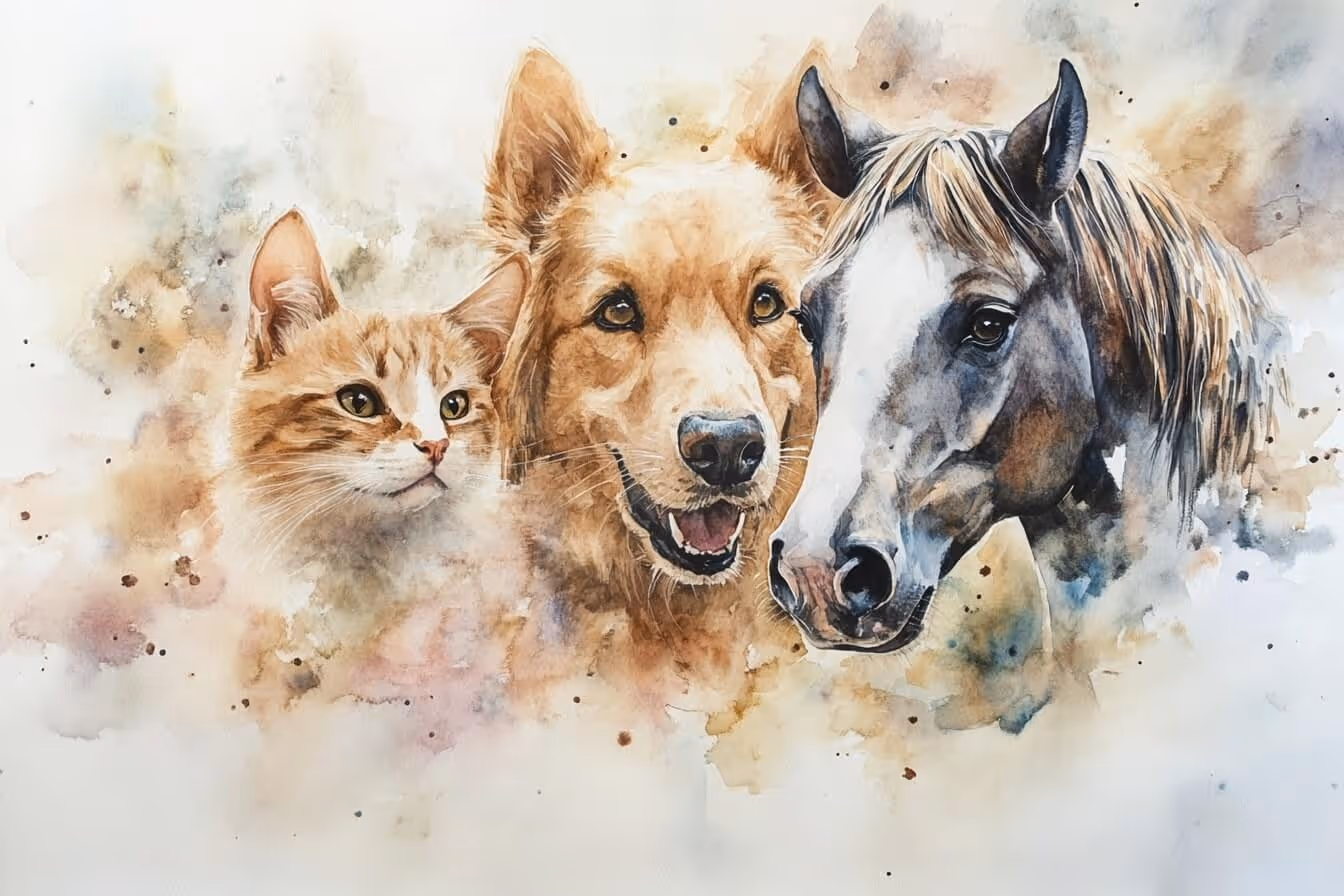 Ilustrace kočky, psa a koně