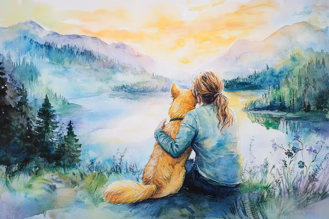 Ilustrace ženy v tichu přírody v objetí se svým psem, symbolizující sílu mlčení, hluboký klid a intuitivní propojení se světem bez potřeby slov.