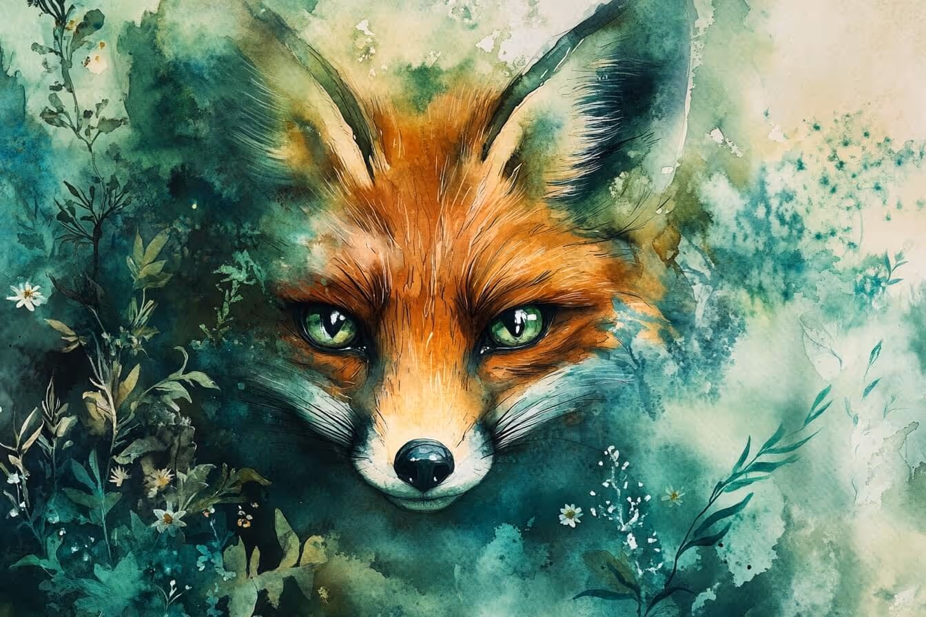 Ilustrace lišky v denní přírodě mezi květy – totem moudrosti a ženské intuice
