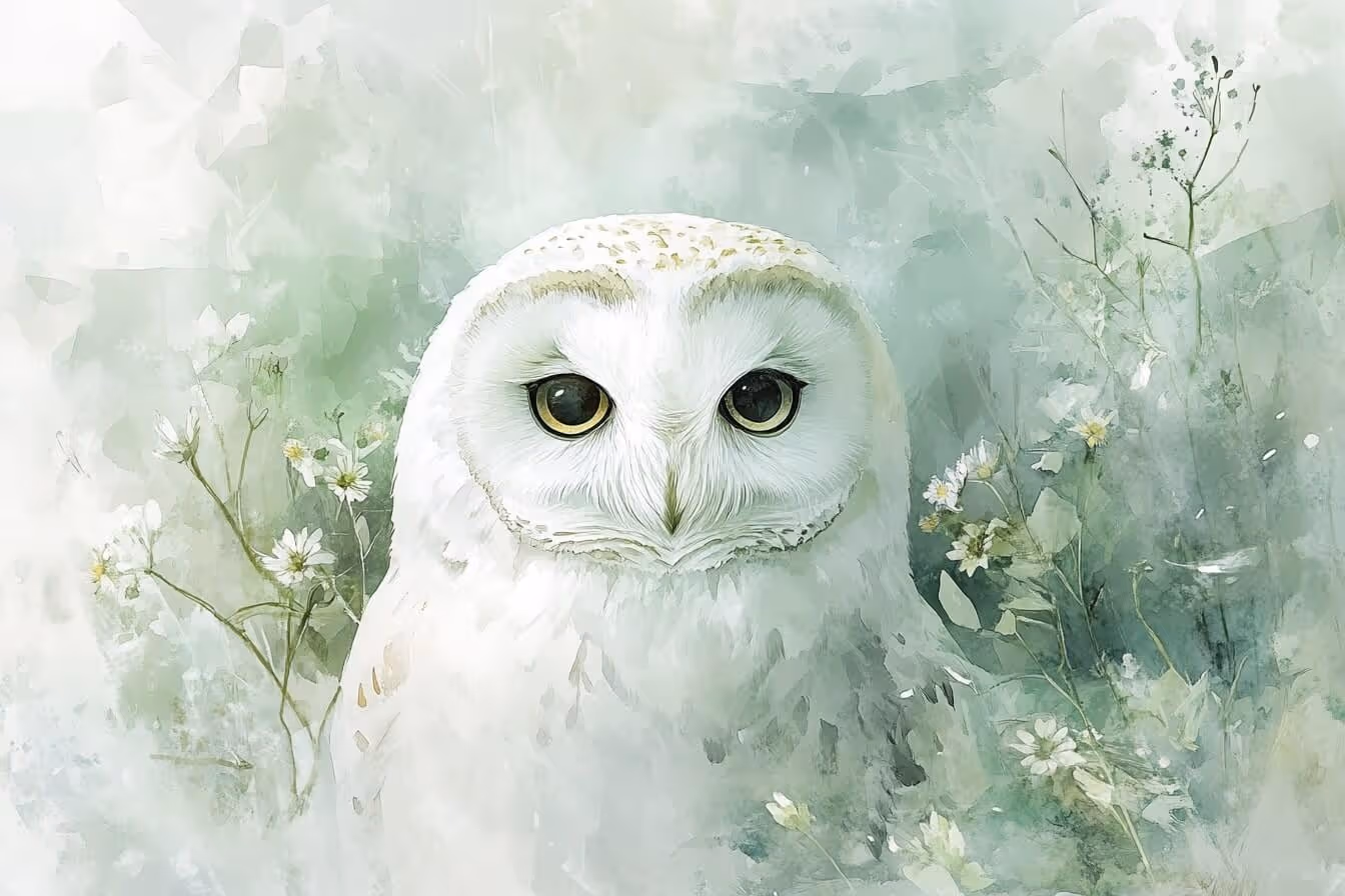 Ilustrace sovy mezi jemnými květy – symbol klidné moudrosti a vnitřního zraku