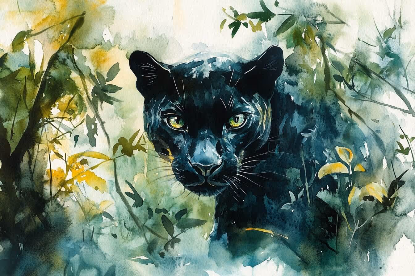 Ilustrace černého pantera mezi květy – symbol skryté síly, odvahy a duchovní transformace