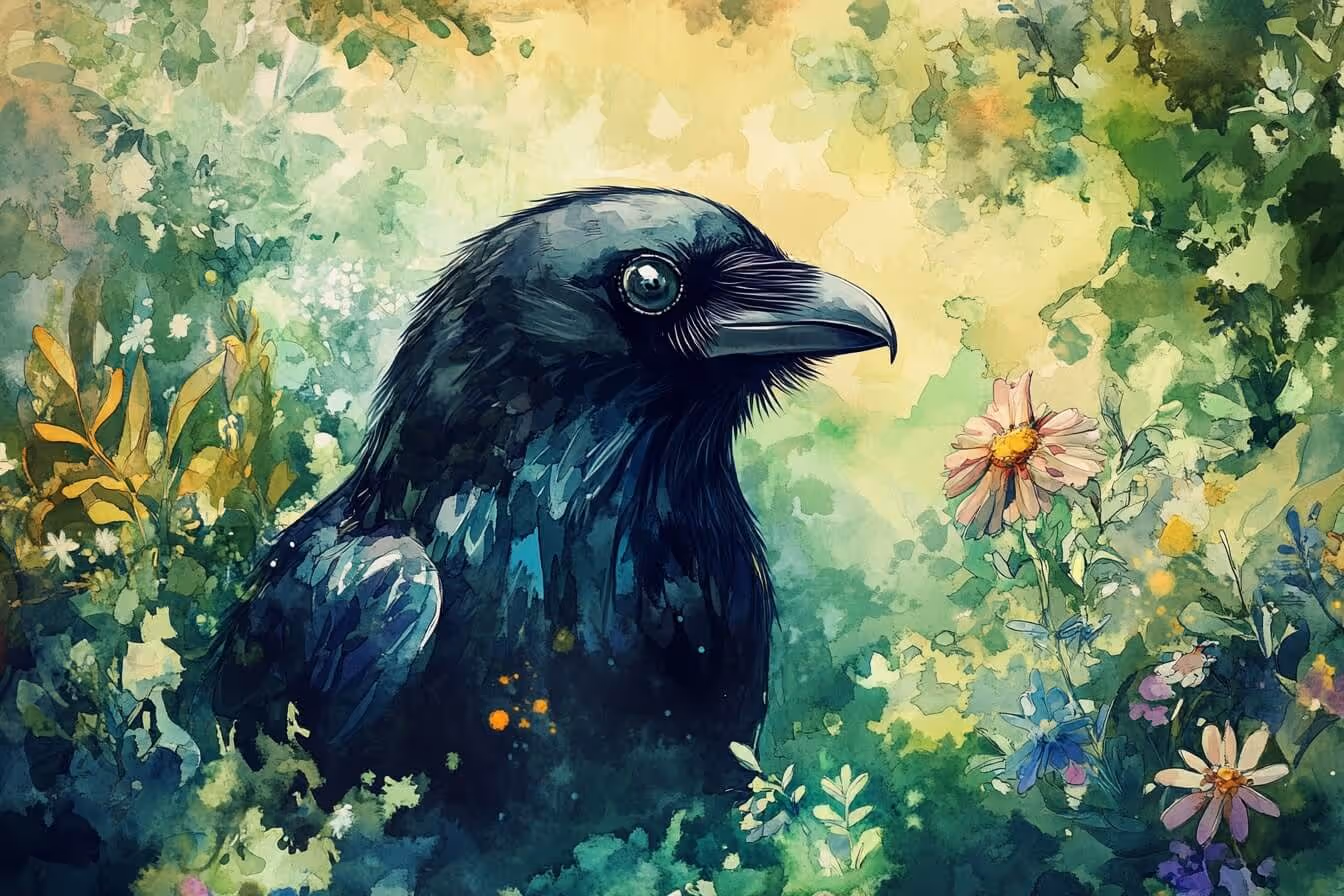 Ilustrace havrana mezi květy – posel mezi světy, nositel proroctví a proměny