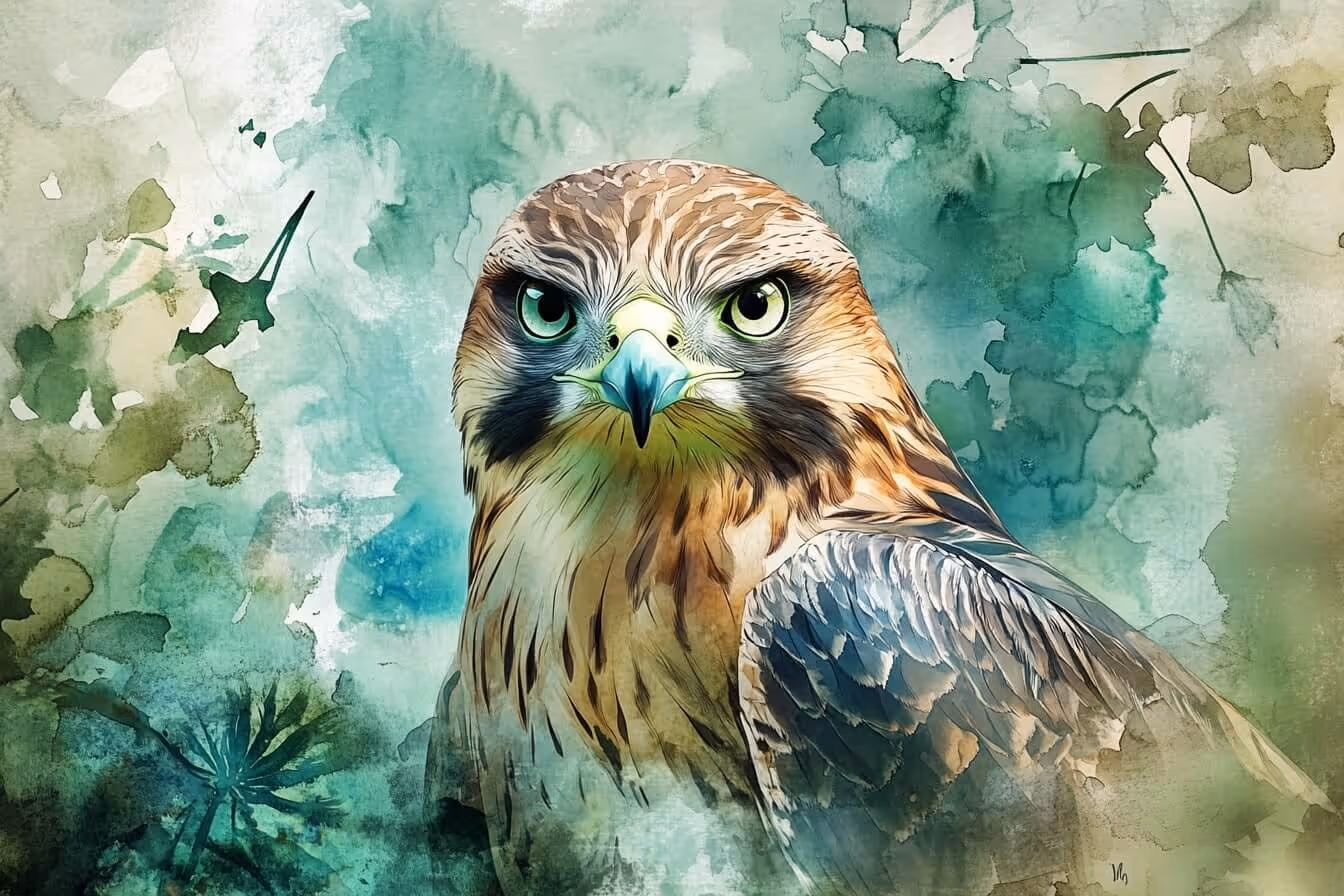 Ilustrace sokola v denní krajině – symbol jasného vidění, rychlosti a duchovní vize