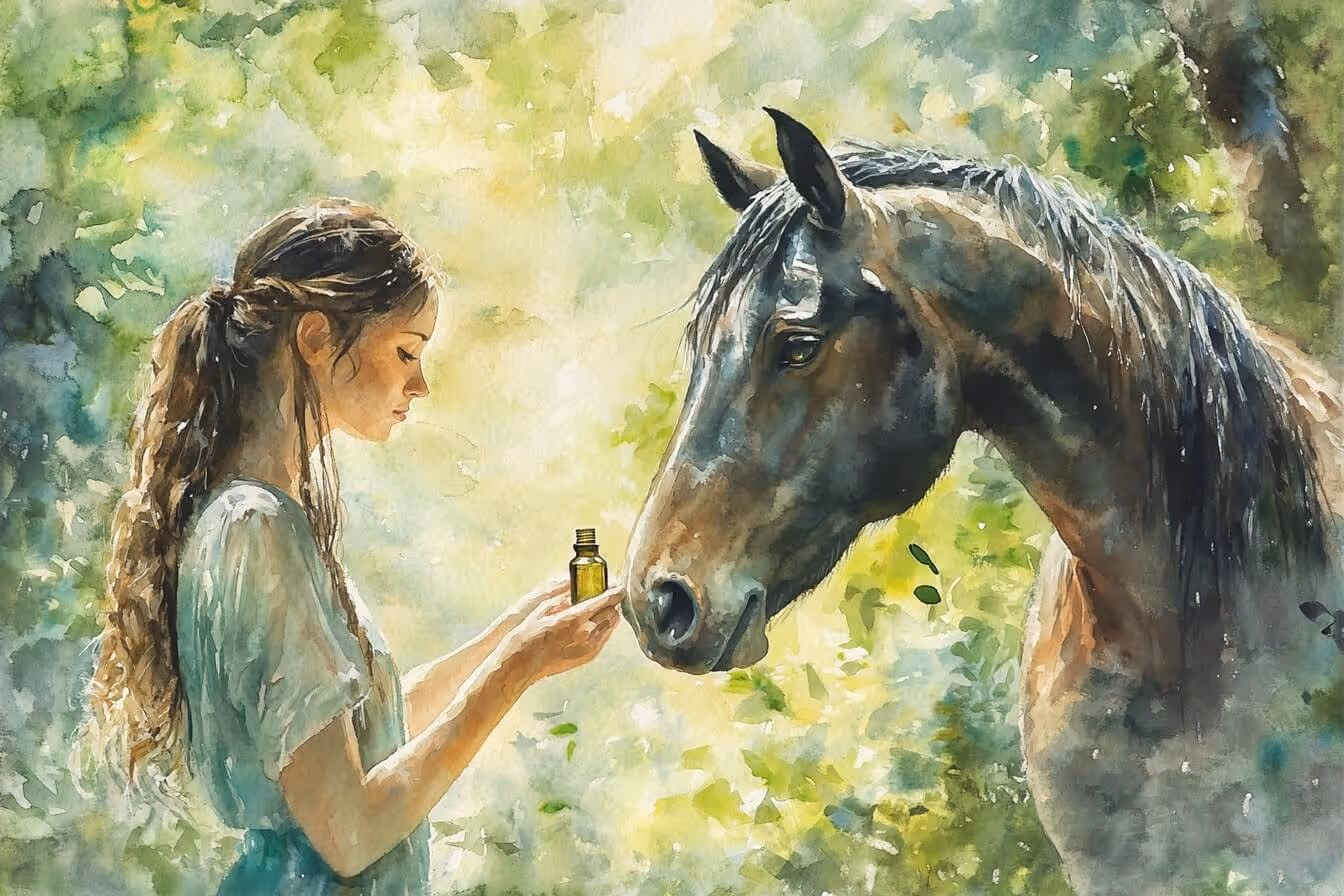 Dívka nabízí koni esenciální olej – jemný moment aromaterapie v souladu se zvířecí intuicí.