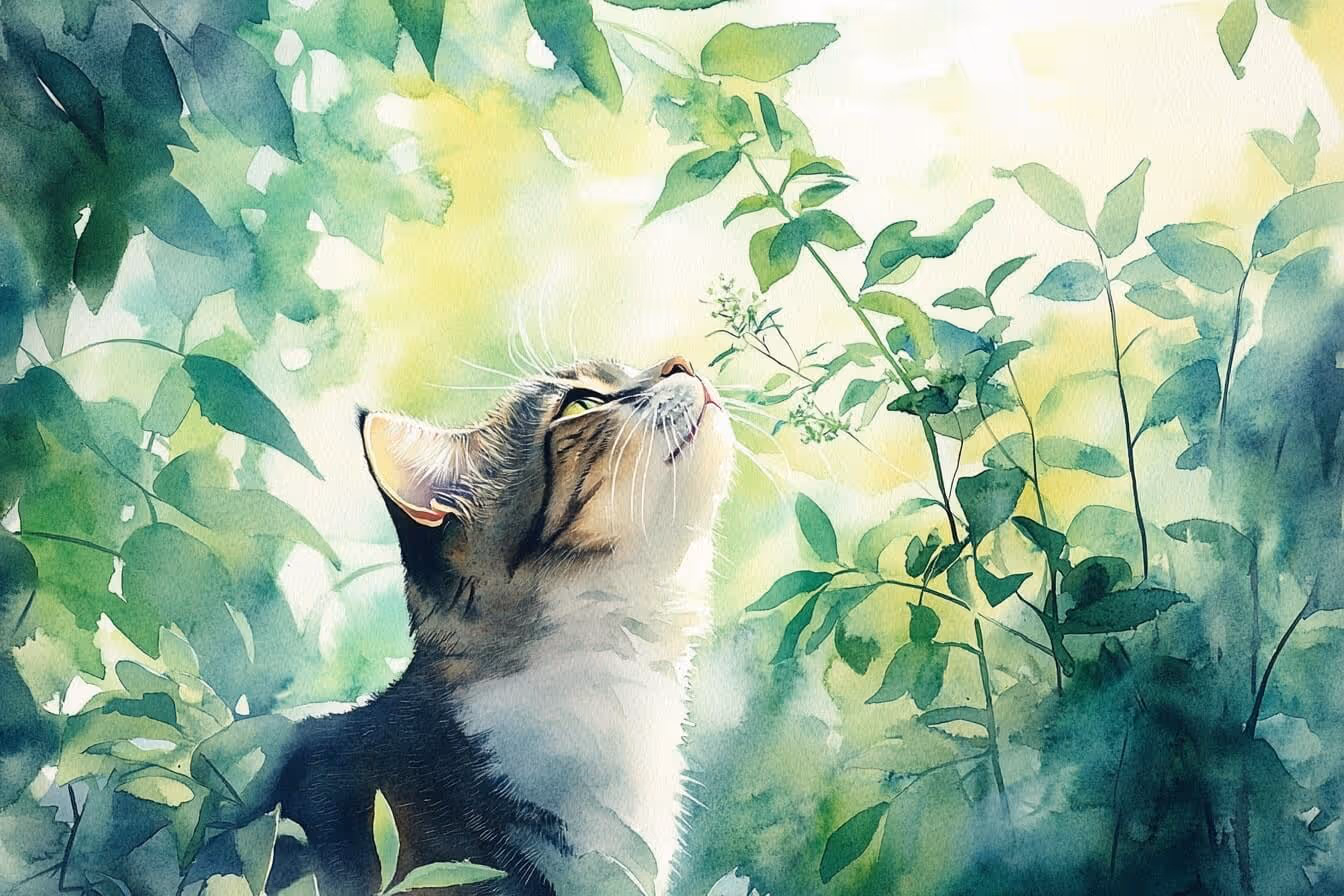 Kočka v klidu čichá k bylině – jemný moment vědomého výběru v rámci přirozené zoofarmakognozie.