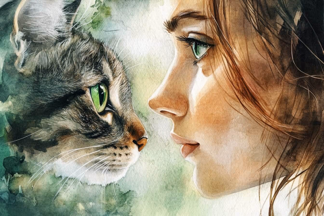 Žena a kočka si hledí do očí – hluboký moment propojení mezi člověkem a zvířecím průvodcem na duchovní cestě.
