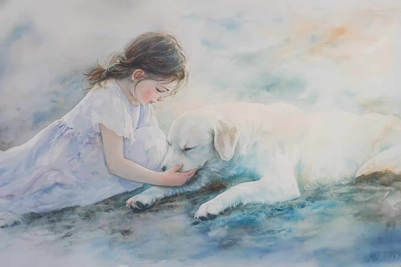 Ilustrace dívky pláčící nad svým pejskem – citlivý moment dětského smutku a loučení s domácím mazlíčkem.