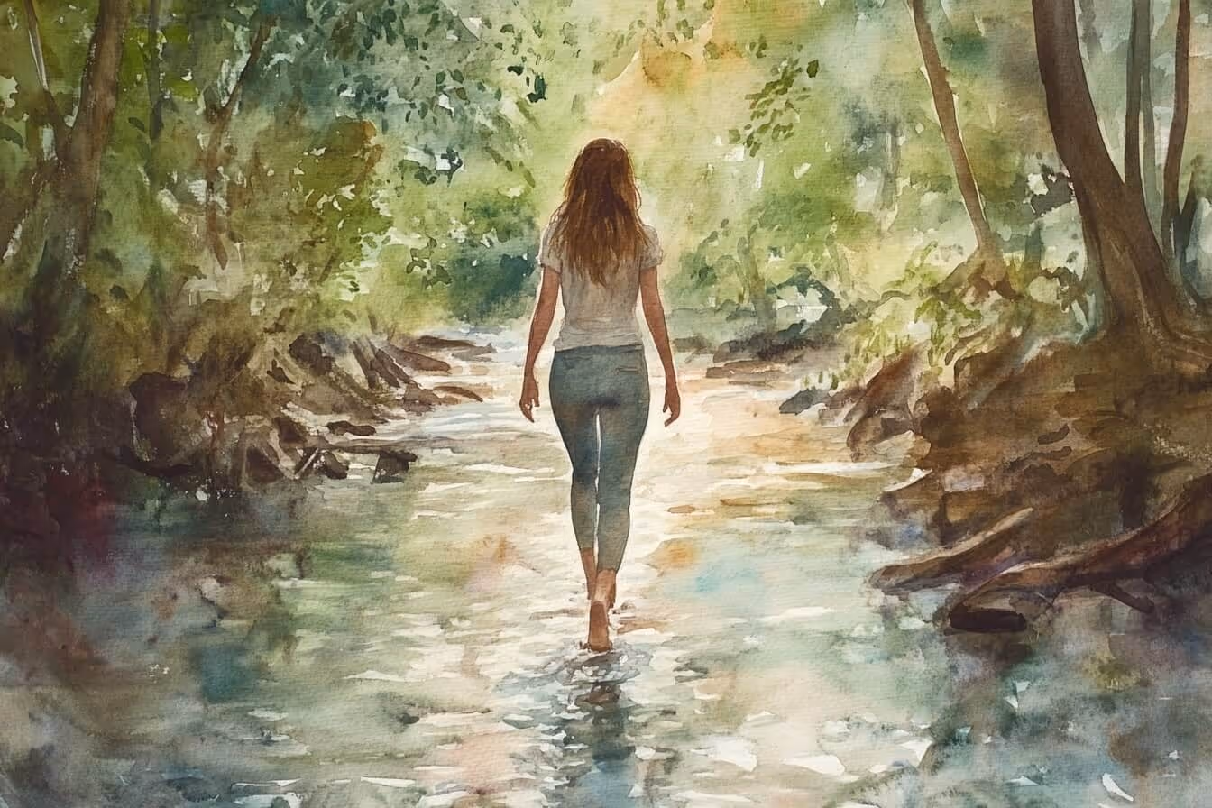 Ilustrace meditující ženy uprostřed ticha: symbol klidu a ticha