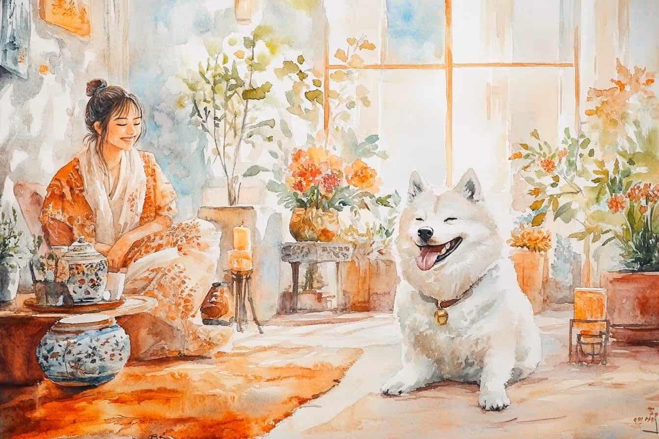 Ilustrace ženy a jejího psa v harmonickém, útulném domově plném svíček, květin a jemného světla – prostor, který léčí lidi i zvířata.