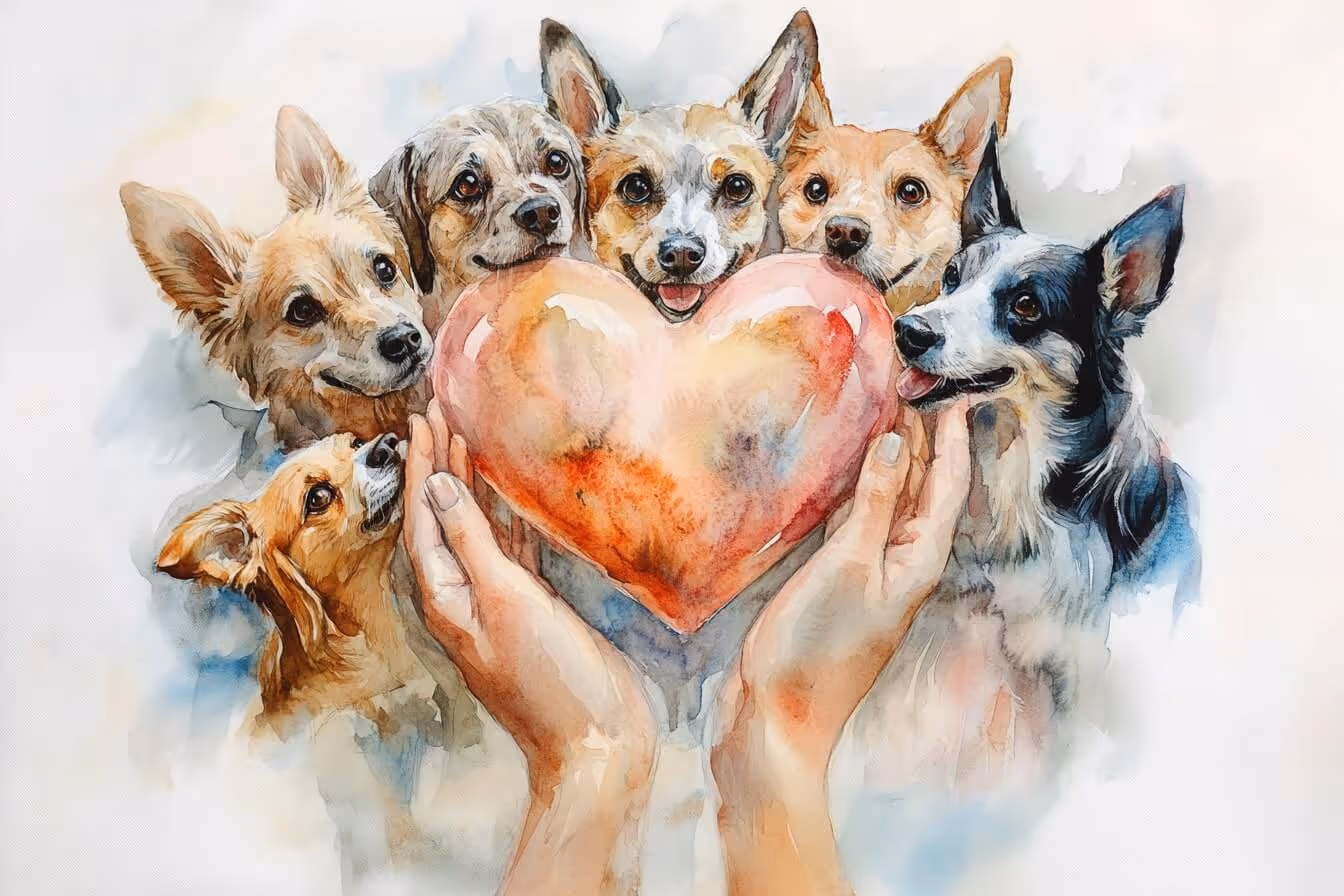 Ilustrace pejsku okolo velkeho srdce: symbol vděčnosti