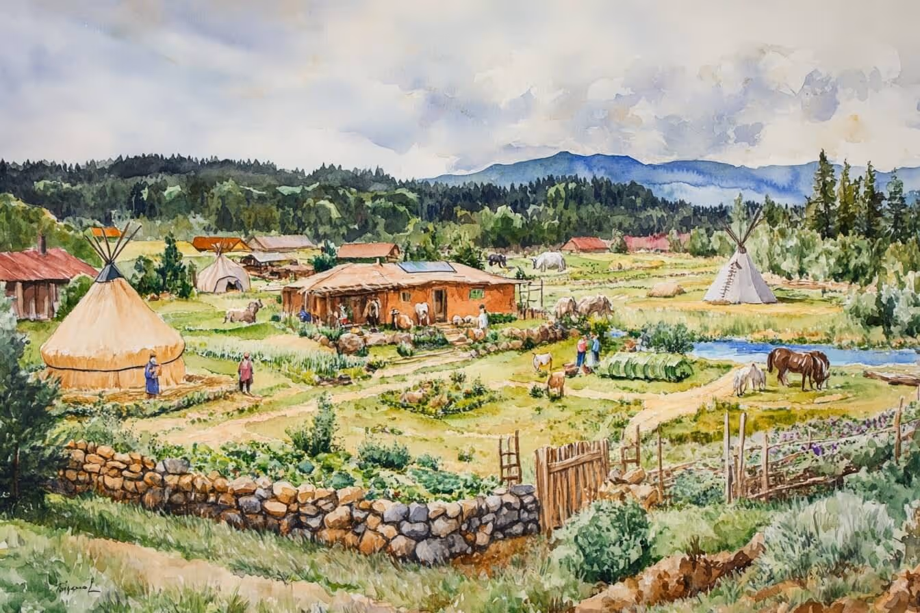 Ilustrace Centra Živoucí moudrosti: venkov, domov, teepee, jurty, zvířata, lidi