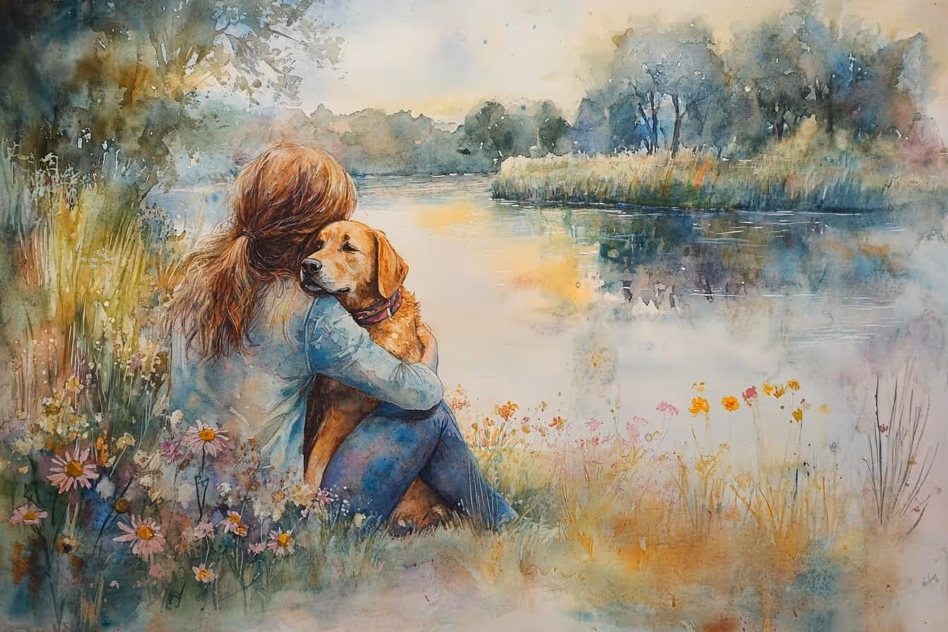 Ilustrace ženy a psa sedící v objetí u řeky: symbol Komunikace se zvířaty, která prožila trauma