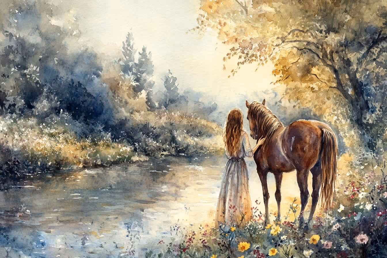 Ilustrace ženy se svým koněm stojící u řeky uprostřed přírody: symbol propojení a telepatické komunikace se zvířaty