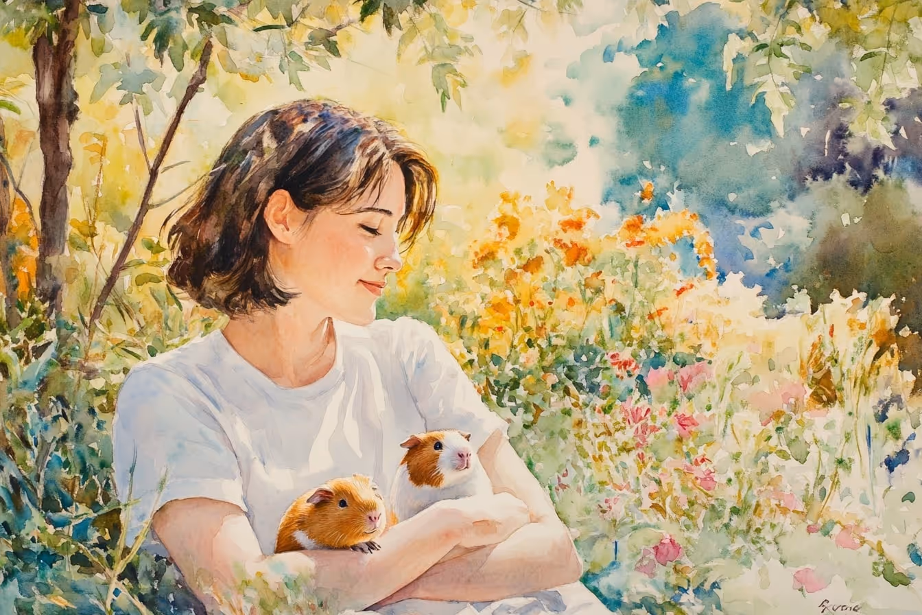 Ilustrace ženy držících v náručí svá morčátka užívající si společné chvíle s nimi