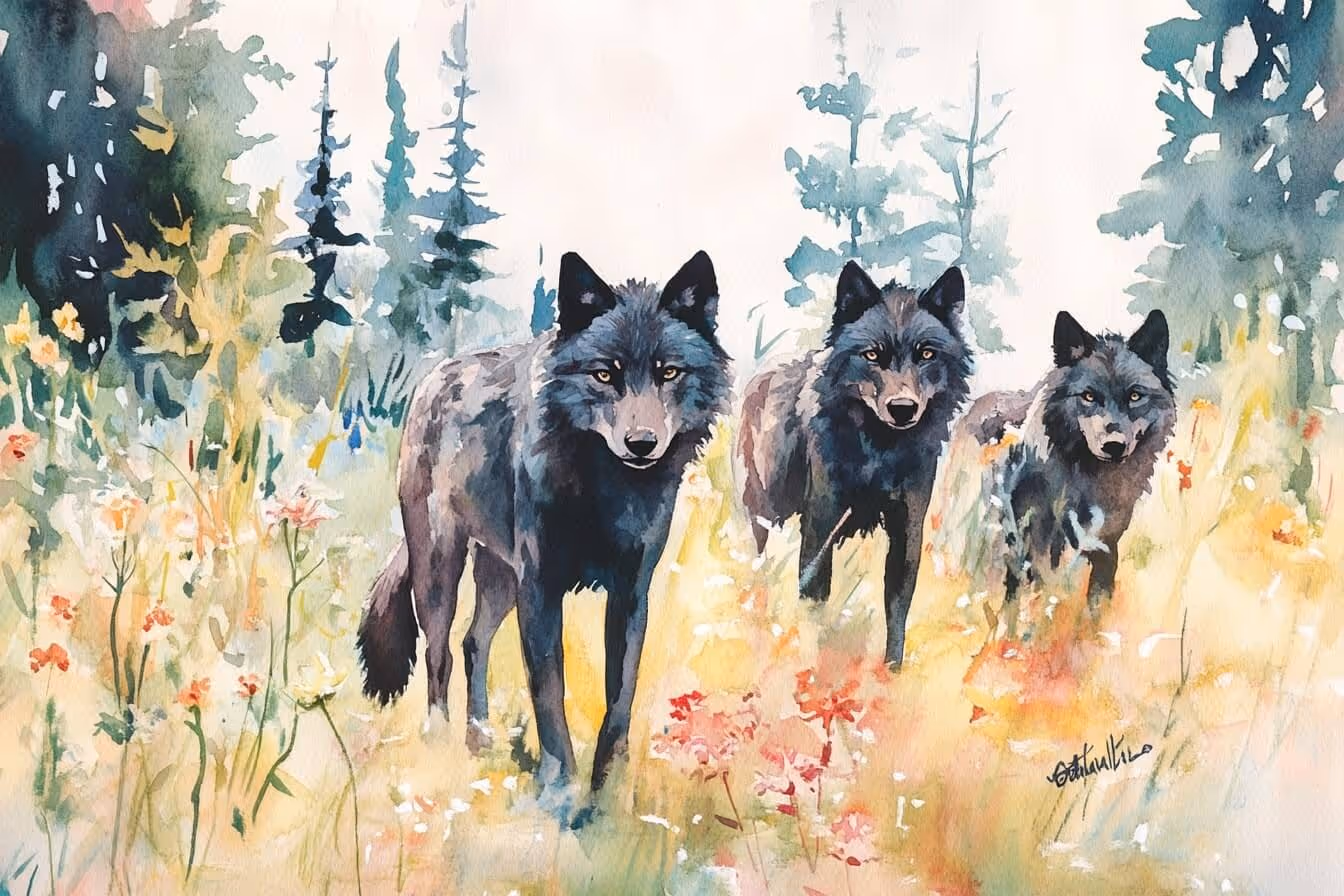 Ilustrace tří černých vlků ve smečce: Symbol hluboké vnitřní síly a transformace