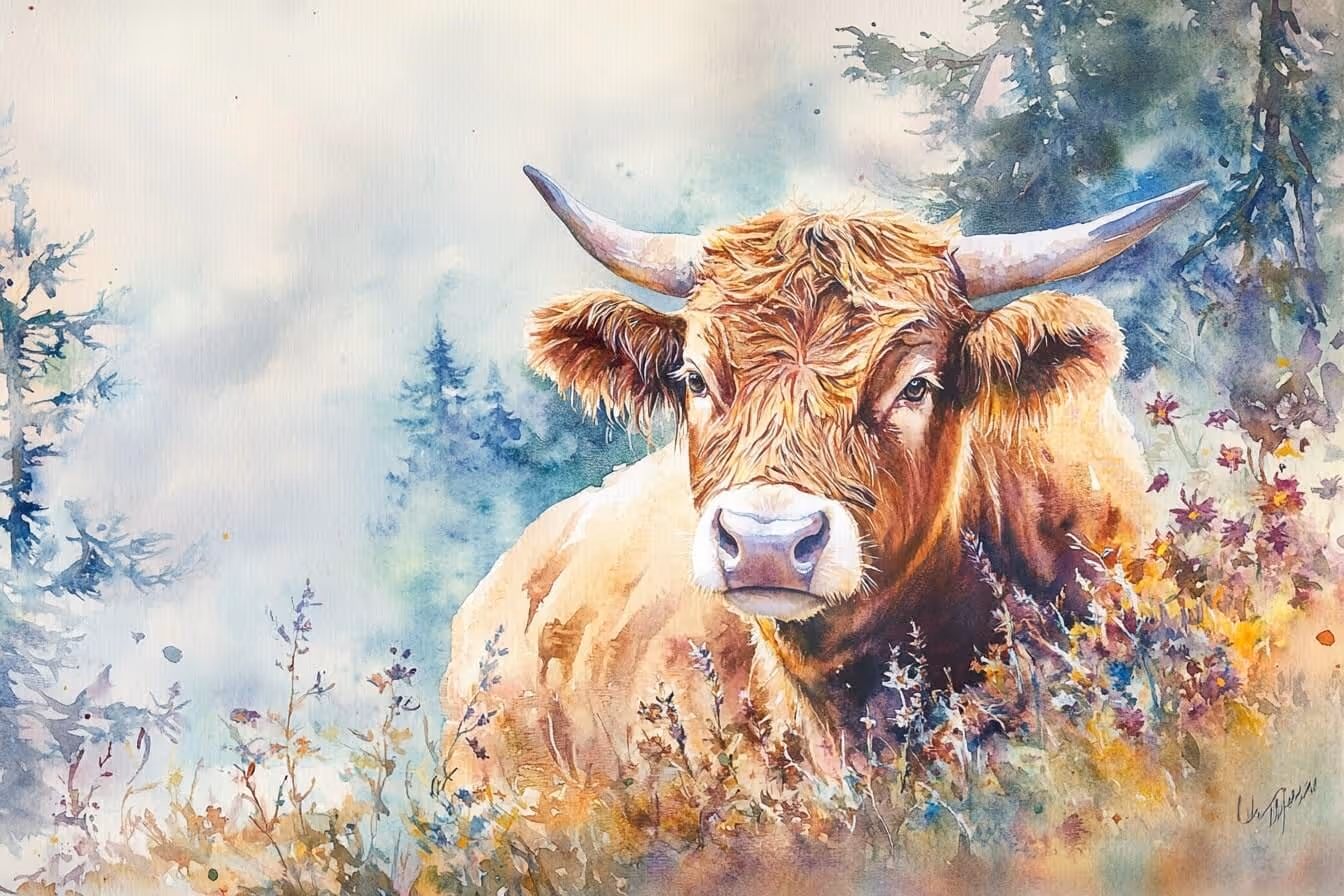 Ilustrace kravičky na rozkvetlé louce: Symbol spojení s matkou zemí