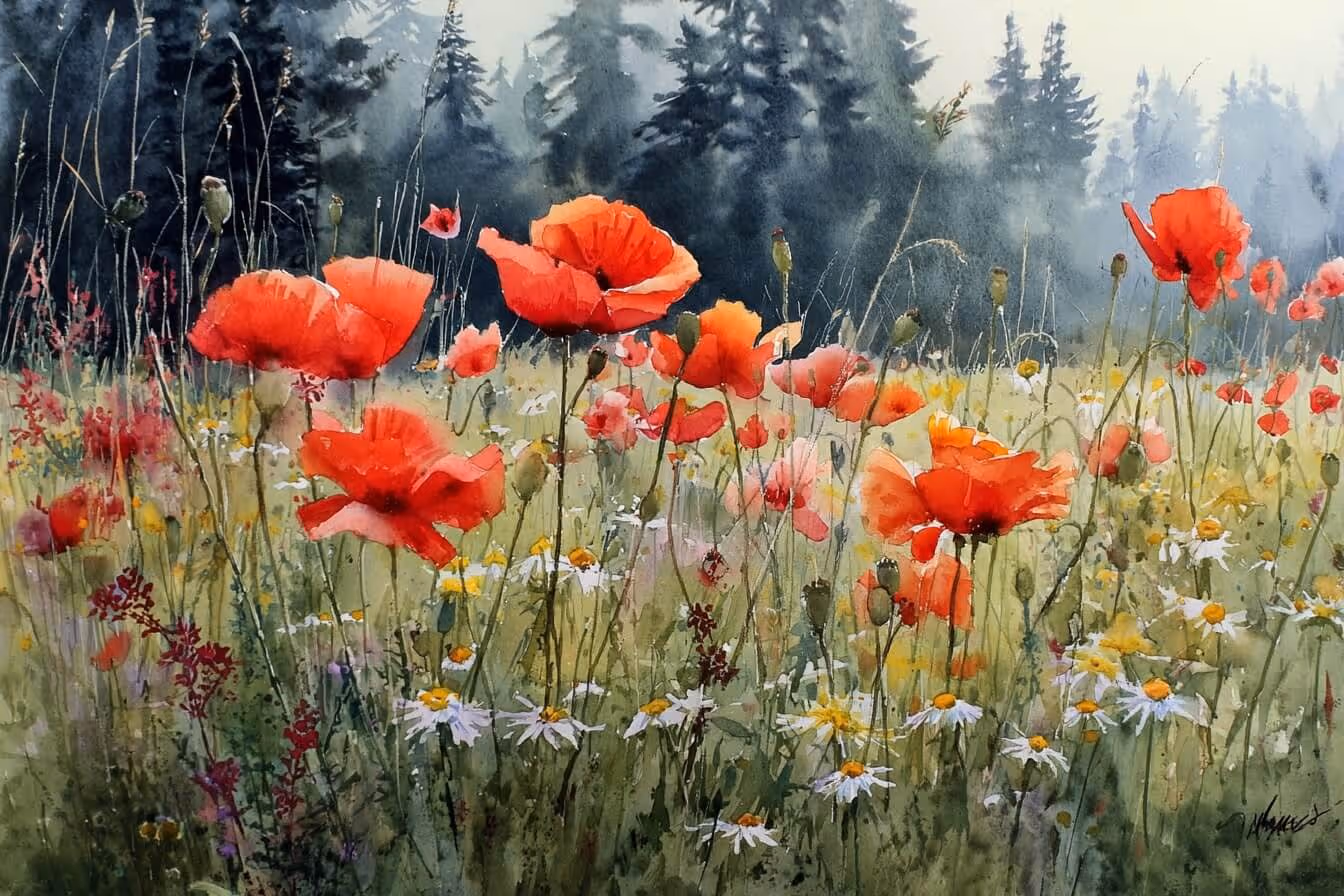 Ilustrace vlčích máků na rozkvetlé louce