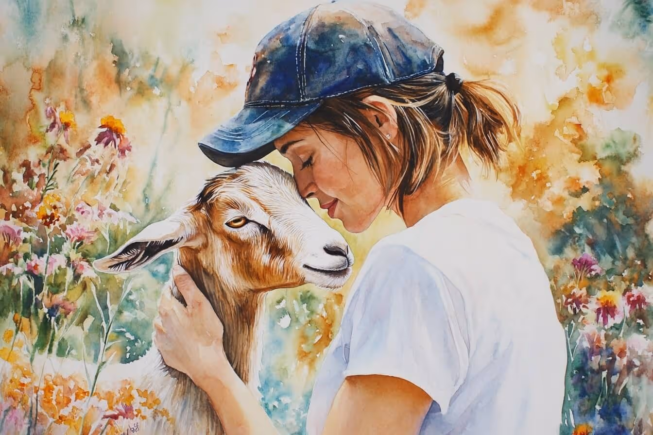 Ilustrace ženy objímající kozu