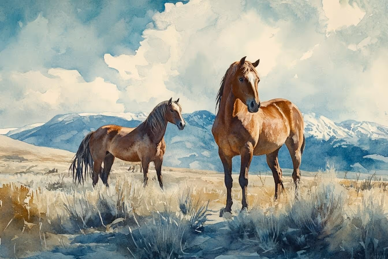 Ilustrace divokých koní v přírodě: Symbol hlubokého vědění a propojení s krajinou