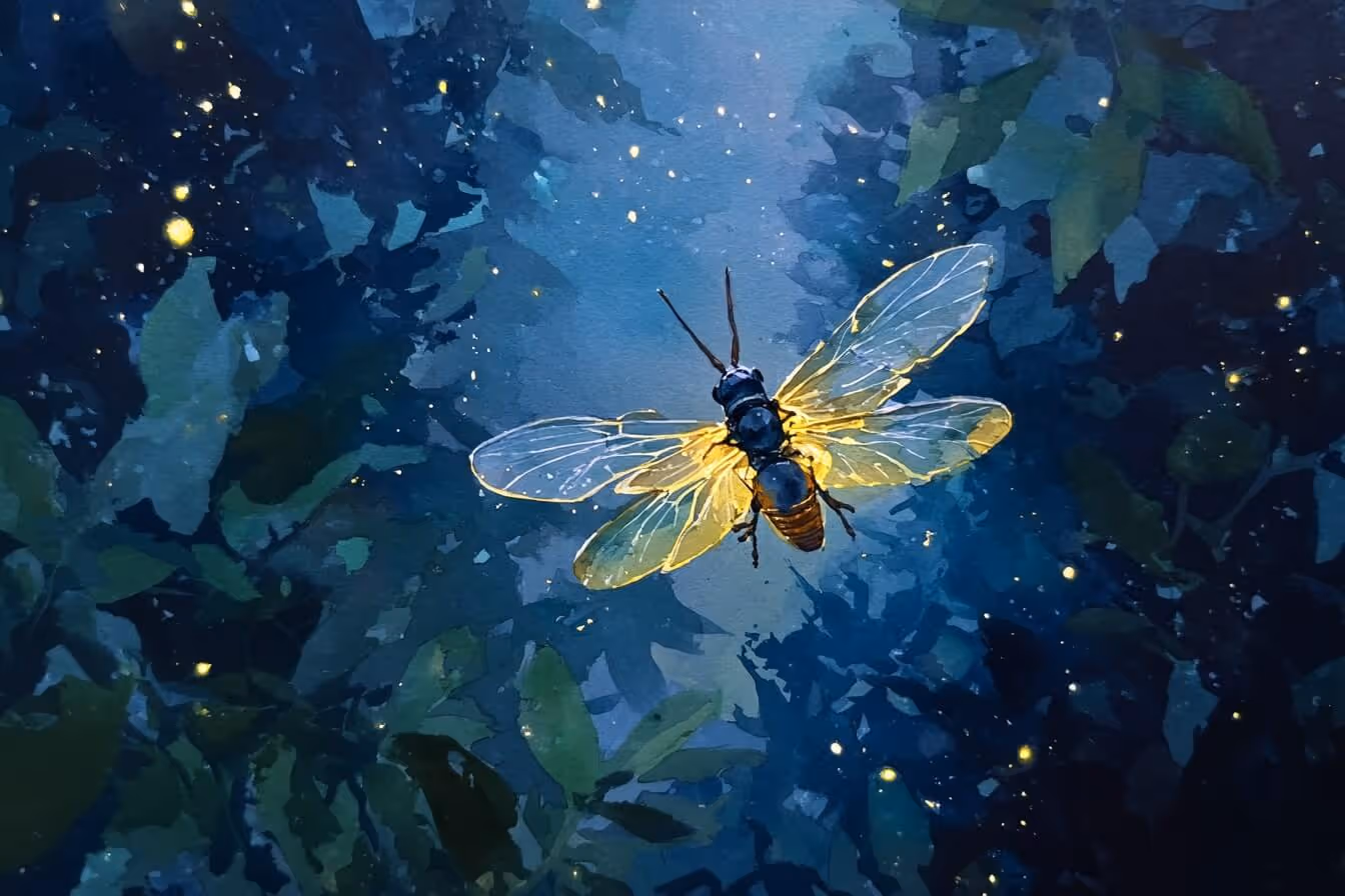 Ilustrace světlušky v noci
