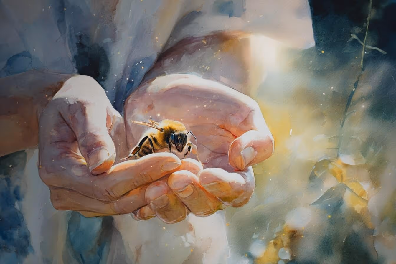 Ilustrace včely v dlaních