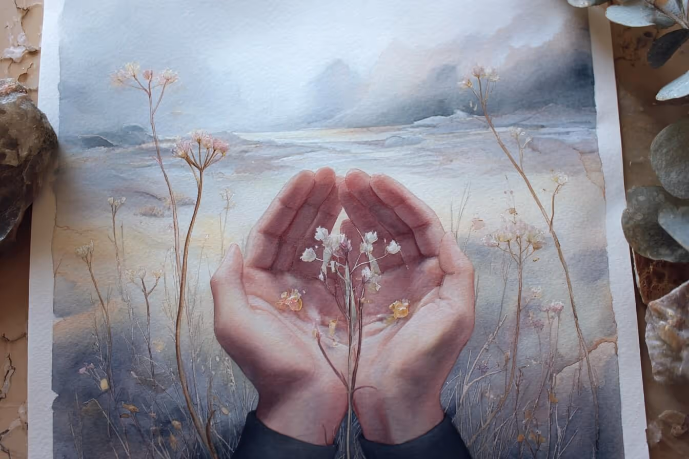 Ilustrace dlaní držících květinu nad herbářem