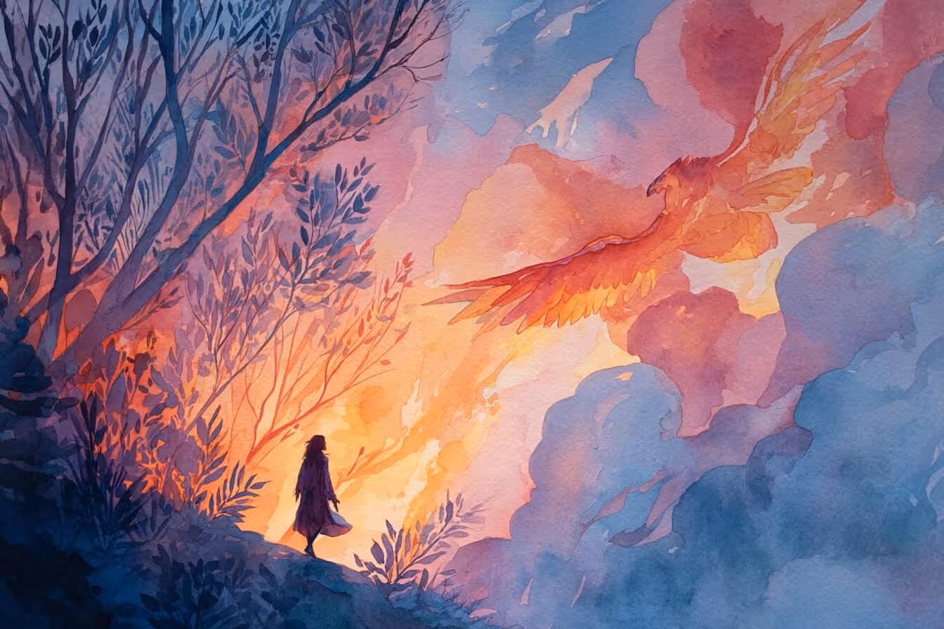 Ilustrace ženy vycházející z ohně, vedle z ohně vzlétá fénix: iluustrativní symbol ke článku spiritualita, která ničí