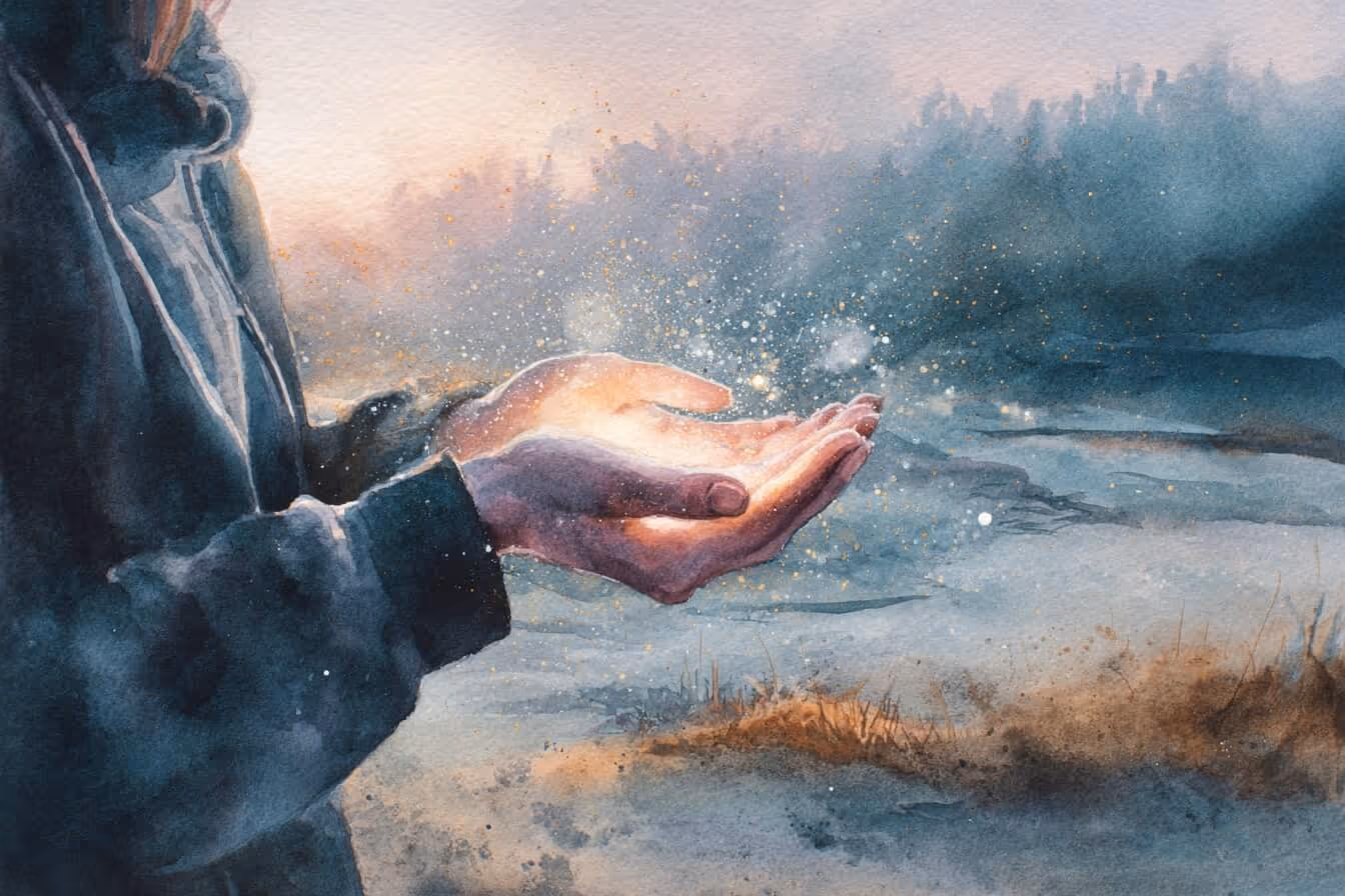 Ilustrace ženských dlaní s náznaky léčivé energie