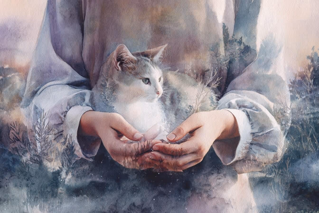 Ilustrace ženských rukou držících kočku ve svých dlaních a náznak proudění léčivé energie mezi ní a jejím zvířetem